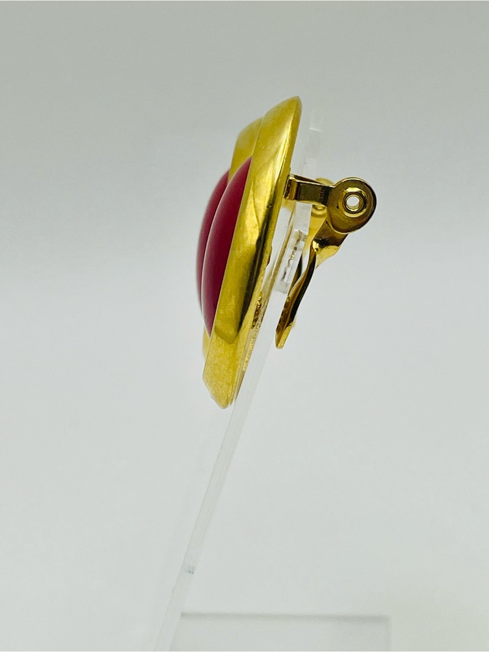 Monet Gold-Tone Clip on Earrings with Deep Red Acrylic Cabochons - Picture 2 of 5